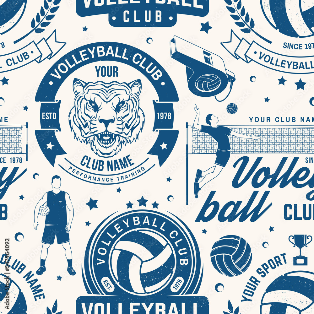 Fototapeta premium Set of volleyball sport club seamless pattern. Vector illustration. Concept for sport pattern background or wallpaper with volleyball ball, player, net and referee whistle silhouettes.