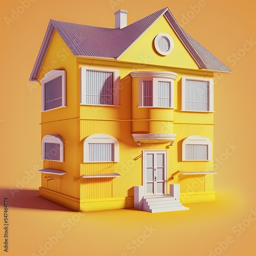 Gray house on yellow background. Real estate construction. Buying, selling cheap housing. Renting out. Modern architecture. Land of cities and towns. 3d render #547464874