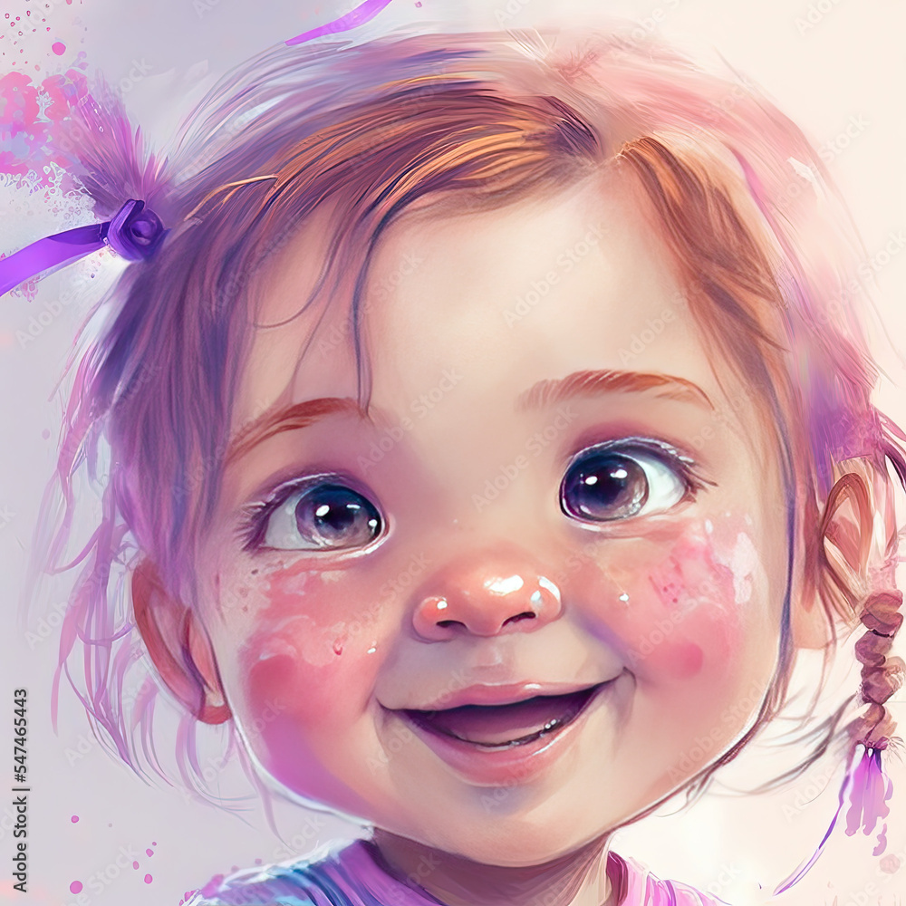 Adorable little girl, watercolor, vector, splash of color, animated, cartoon style, 