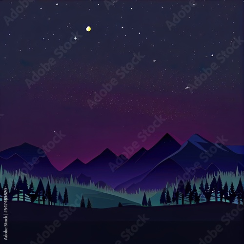 Mountains and Forest at night landscape flat illustration. Nature scenery with trees and hill peaks silhouettes on horizon. Scene cartoon background. Flat concept. Website template. UI design. © AkuAku