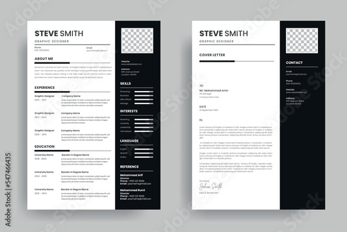 Professional resume template design and minimalist letterhead or CV cover letter layout