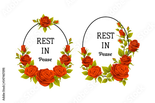 Funeral Red Rose Frame with Quote and Inscription Vector Set