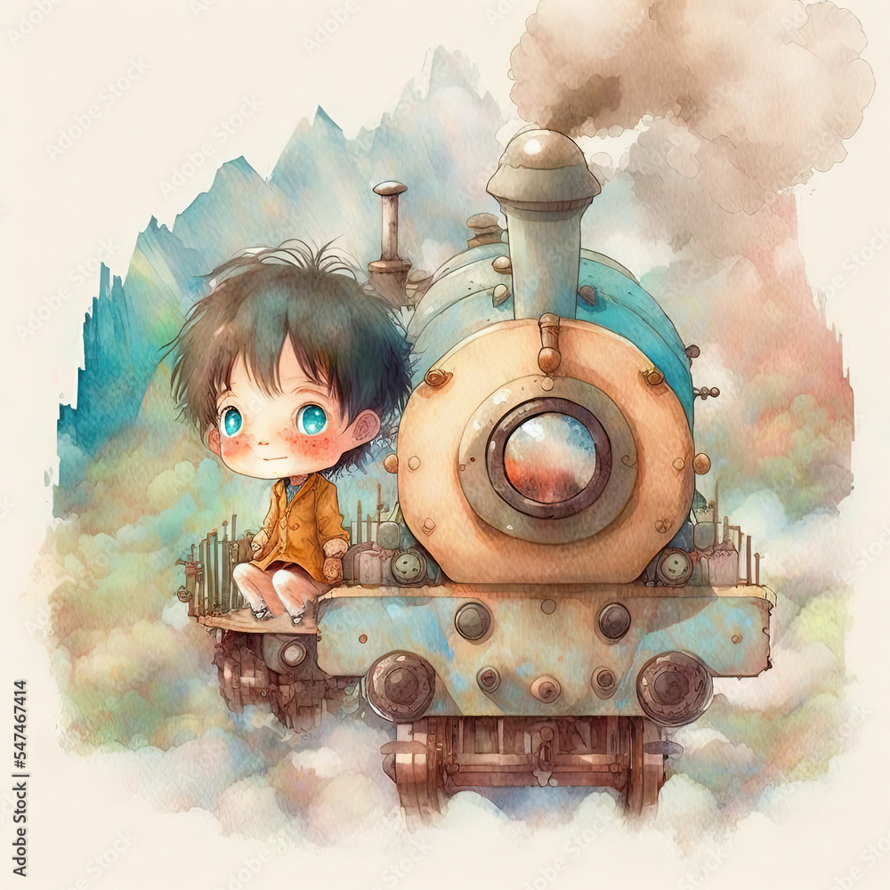 watercolor train with pastel rainbow smoke and cartoon like quality,  digital animated gender neutral, nursery, AI concept generated finalized in  Photoshop Stock Illustration | Adobe Stock
