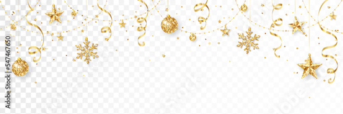 Holiday decoration, Christmas gold glitter frame. Festive vector background isolated on white. Golden ornaments, garland with stars and snowflakes. For Christmas and New Year banners, headers.