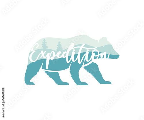 Silhouette of bear with panorama of mountains logo design. Brown bear Bear grizzly silhouette. Tourism, adventure, great outdoor, expedition, camping, climbing, hiking vector design and illustration.
