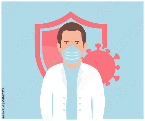 Doctor from hospital, therapist, medical staff. Doctor Virus and shield, antibacterial protection logo design. Doctor, surgeon, physician, paramedic Health Care сoncept vector design and illustration.