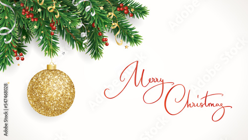 Christmas tree holiday decoration. Merry Christmas calligraphy. Golden glitter ball, ornaments. Vector. Fir tree branch with holly berry and ribbons. For Chistmas and New Year headers, party posters.