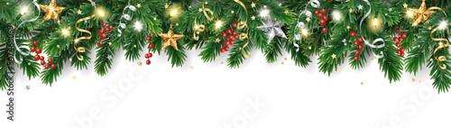 Holiday banner with Christmas tree decoration. Holiday border, garland with ornaments. Festive frame isolated on white. Glitter golden stars. For winter season headers, New Year party posters. Vector.
