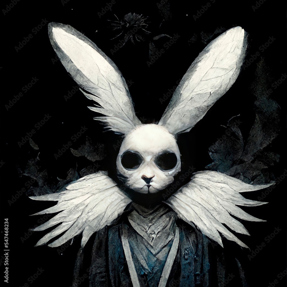 Creepy Rabbit Angel of Death. Spooky Bunny, Horror, Wings, Feathers, Black  Eyes, Ominous, Scary, Halloween, Mask. [Digital Art, Illustration, Animal  Character Portrait, Sci-Fi, Fantasy, Background] Stock Illustration | Adobe  Stock