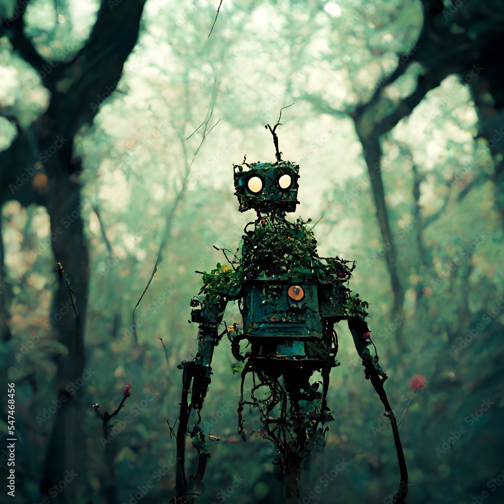 Grungy Digital Painting. Rusty Ruined Robot in a Forest Clearing in a
