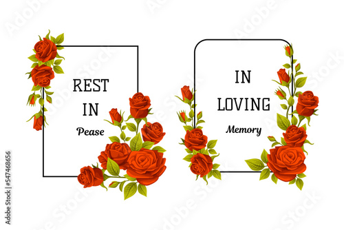 Funeral Red Rose Frame with Quote and Inscription Vector Set