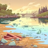 Polluted river or lake beach, problem of nature pollution illustration. Cartoon garbage and plastic debris floating in water, waste scattered on shore, dirty countryside landscape background