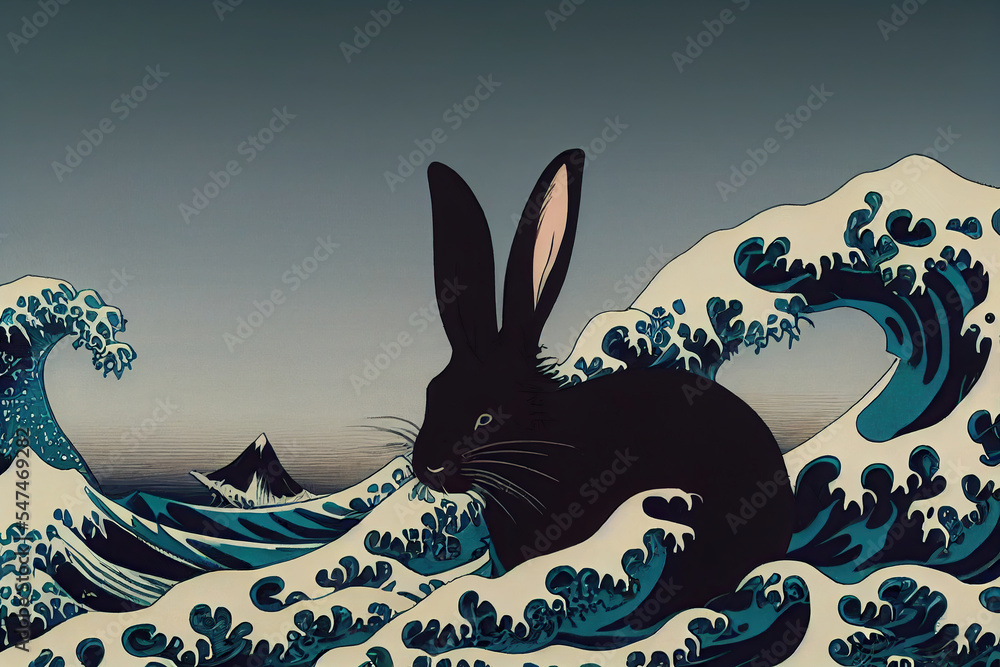 Black rabbit in the ocean waves, black water rabbit in oriental Hokusai