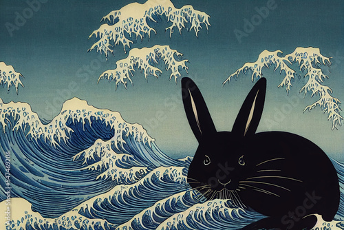 Black rabbit in the ocean waves, black water rabbit, oriental Hokusai style, AI generated image