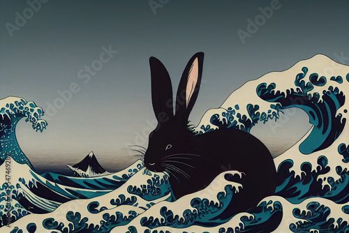 Black rabbit in the ocean waves, black water rabbit in oriental Hokusai style, AI generated image