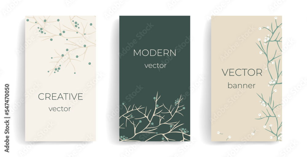 Stylish vector template for social media posts, stories, banners, mobile apps, web, ads. Simple design with copy space for text, abstract organic shapes, branches, berries. Design with natural motif