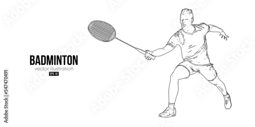 Abstract silhouette of a badminton player on white background. The badminton player man hits the shuttlecock. Vector illustration © Yevheniia