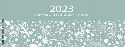 2023 Happy New Year and Mery Christmas banner,Vector Beautiful Greeting card or backdrop of Paper cut Rabbits with Cute Spring flowers and other elements on green background.