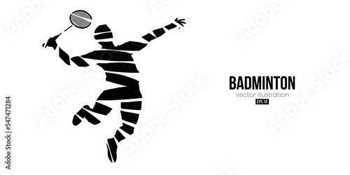 Abstract silhouette of a badminton player on white background. The badminton player man hits the shuttlecock. Vector illustration