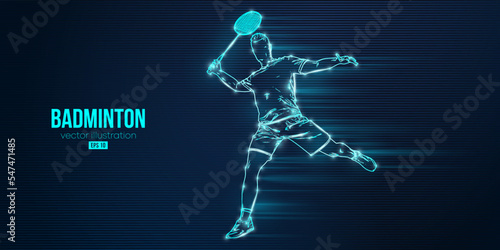 Abstract silhouette of a badminton player on blue background. The badminton player man hits the shuttlecock. Vector illustration © Yevheniia