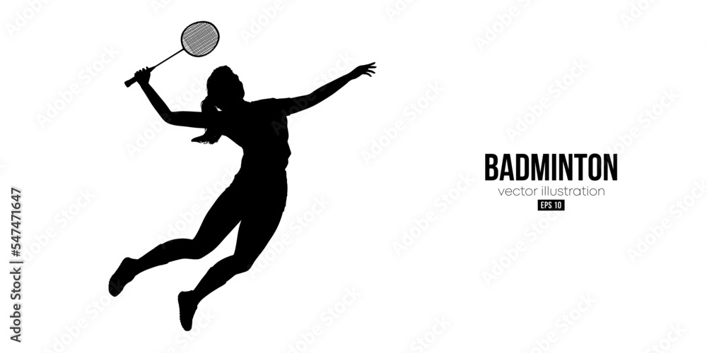 Abstract silhouette of a badminton player on white background. The badminton player woman hits the shuttlecock. Vector illustration