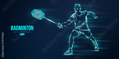 Abstract silhouette of a badminton player on blue background. The badminton player man hits the shuttlecock. Vector illustration © Yevheniia