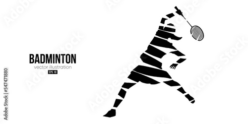 Abstract silhouette of a badminton player on white background. The badminton player woman hits the shuttlecock. Vector illustration