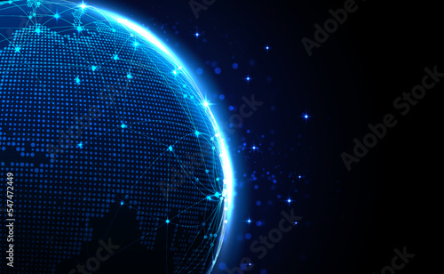 Digital technology worldwide global network internet connection blue background, Abstract cyber tech futuristic planet map world, Ai big data, Innovation 5g wireless wifi future, illustration vector