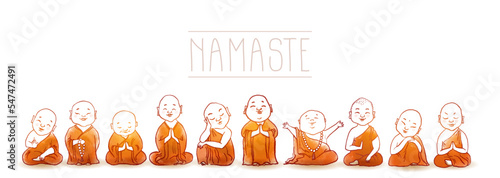 Cute buddhist monks hand drawn with ink. Traditional oriental ink painting sumi-e, u-sin, go-hua. Illustration with Jizo japanese deity.
