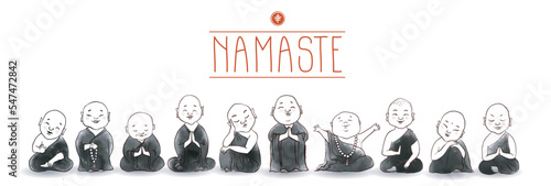 Cute buddhist monks hand drawn with ink on white background. Traditional oriental ink painting sumi-e, u-sin, go-hua. Illustration with japanese deity Jizo. Hieroglyph - happiness.