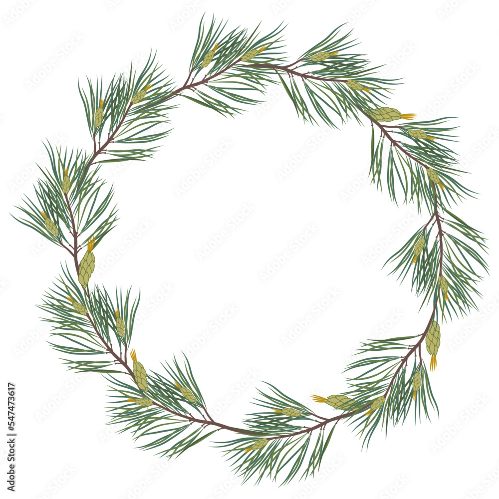 Wreath with spruse branch and cones isolated on white background. EPS 10.