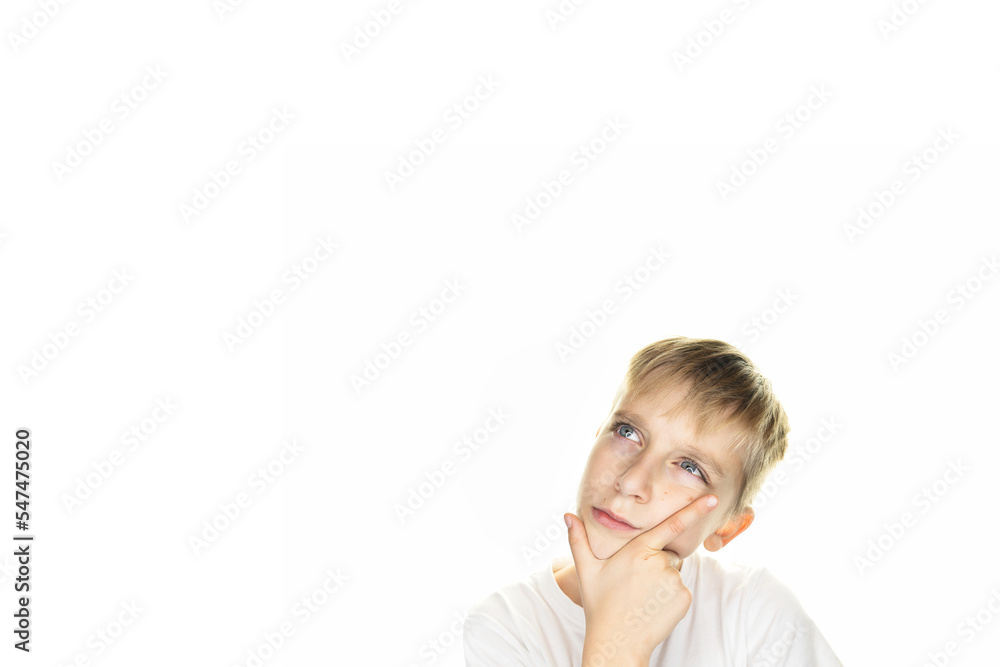 portrait of a child, thinking expression, isolated on white background, lots of copy space portrait of a child, thinking expression, isolated on white background, lots of copy space
