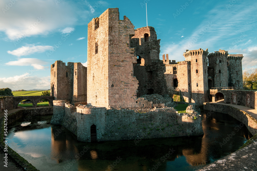 Old Medieval castle in UK. Medieval fortress. The ruins of raglan castle in Monmouthshire wales. Raglan Castle – Wales, United Kingdom. 