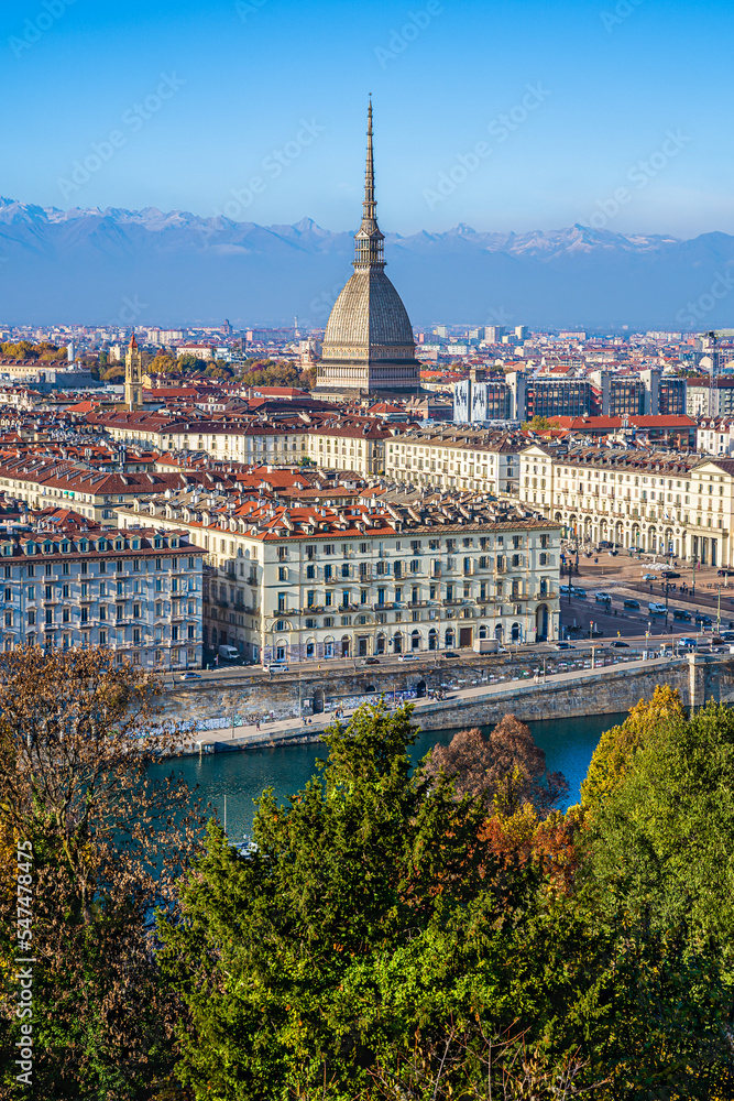 Panorama of Turin skyline with Mole Antonelliana as seen from the church of Santa Maria in Monte