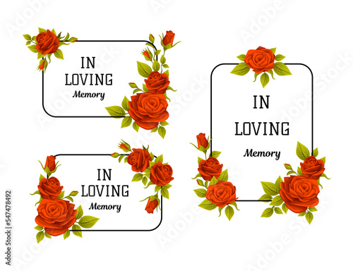 Funeral Red Rose Frame with Quote and Inscription Vector Set