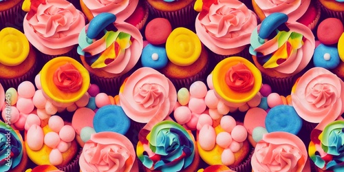 Seamless pattern of bright colored cupcakes and cakes, appetizing background with sweets