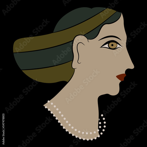 Helen of troy. Pretty woman. Female portrait in profile. Head of a lady or goddess from Acrotiri. Thera island. Cyclades, Greece. Isolated vector illustration. Ancient Greek Cretan Minoan art. On blac photo