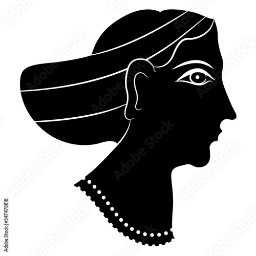 Pretty woman wearing necklace. Female portrait in profile. Head of a lady or goddess from Acrotiri. Thera island. Cyclades, Greece. Ancient Greek Cretan Minoan art. Black and white silhouette. photo
