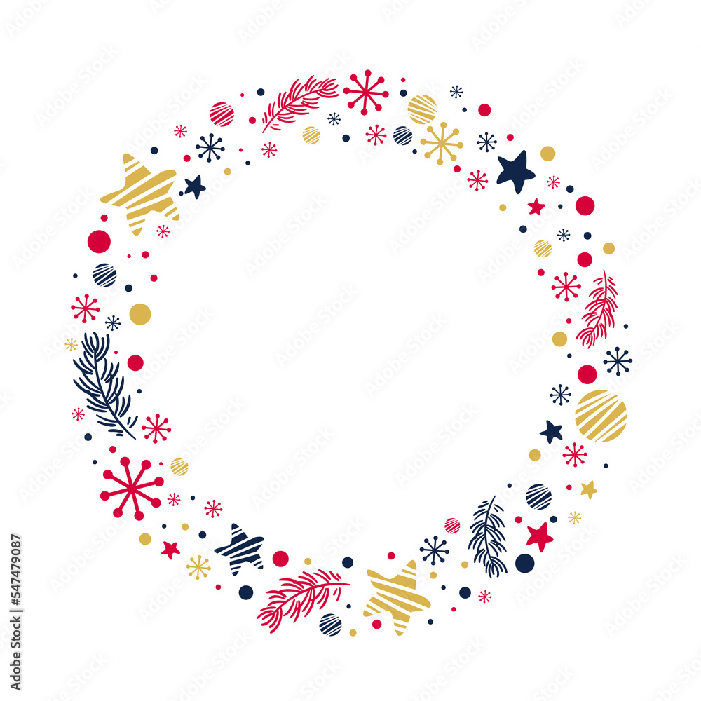 Circle frame with stars, snowflakes, confetti, spruce branch. Merry Christmas doodle vector illustration