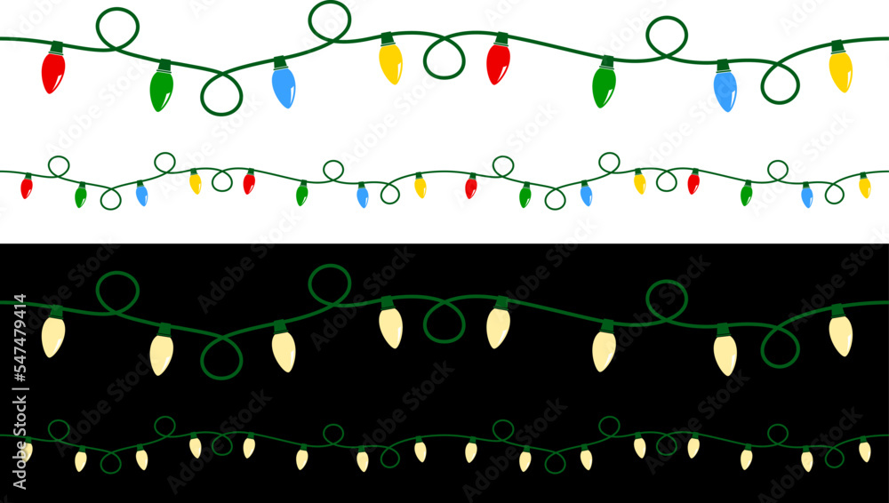 Vector Illustration of a curly string of Christmas lights; one colorful  string on white, and one