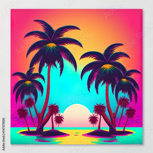 Retro illustration of bright color tropical palm trees on the island