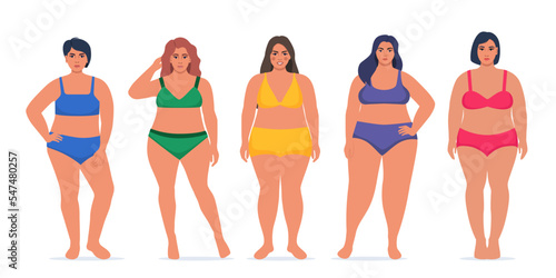 Body positive people. Plus size female characters, attractive curvy, overweight group of multi cultural women in underwear. Oversize obesity, pretty large lady. Vector illustration.