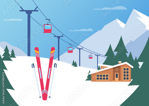 Ski resort. Winter mountain landscape with lodge, ski lift. Winter sports vacation banner. Vector illustration.