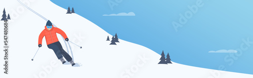 Winter Sport. The skier rushes down the slope. Winter holidays in the mountains. Alpine skiing. Vector illustration.