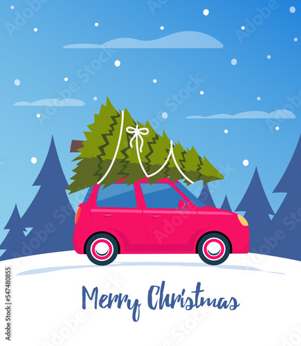 Cute red retro car with christmas tree on the roof. Merry christmas and happy new year greeting card, postcard, poster, banner, invitation design. Merry Christmas. Happy New Year. Vector illustration.