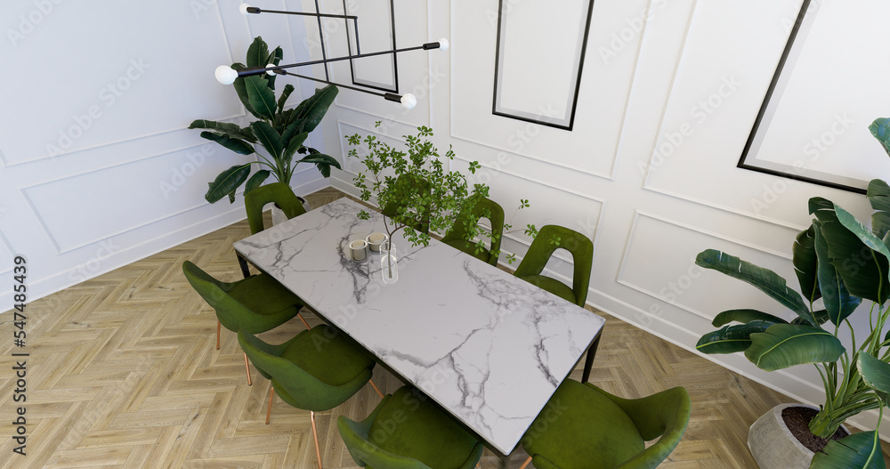 Klasyczna jadalnia z zielonymi krzesłami. Sztukaterie na ścianach i dużo kwiatów doniczkowych. Render 3D - obrazy, fototapety, plakaty 
