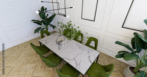 Klasyczna jadalnia z zielonymi krzesłami. Sztukaterie na ścianach i dużo kwiatów doniczkowych. Render 3D