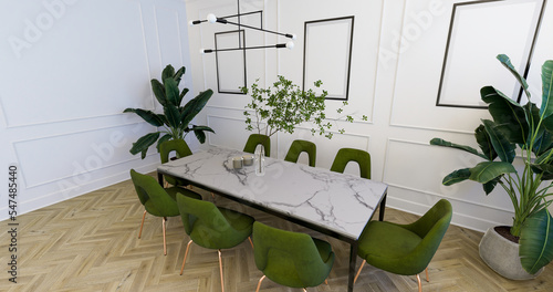Klasyczna jadalnia z zielonymi krzesłami. Sztukaterie na ścianach i dużo kwiatów doniczkowych. Render 3D