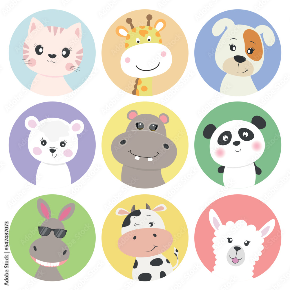 Cute cartoon characters animals, kawaii flat style.