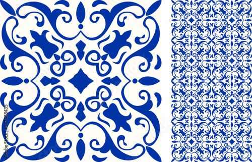 Seamless Azulejo tile. Portuguese and Spain decor. Ceramic tile. Seamless Floral pattern. Vector hand drawn illustration, typical portuguese and spanish tile